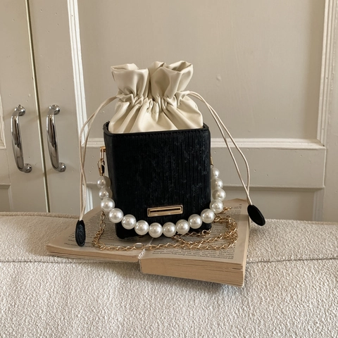 Women Mini Square Box Crossbody Bag Handbag Faux Artificial Pearl Handle PU Leather Corduroy Drawstring Bucket Elegant Retro Style
