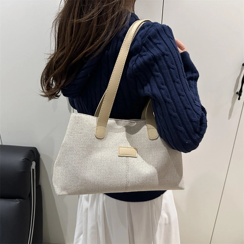 Borsa Tote in Tela a Grande Capacità per Donna Borsa a Tracolla Minimalista Casual Con Manico in Pelle Sintetica Stile Street