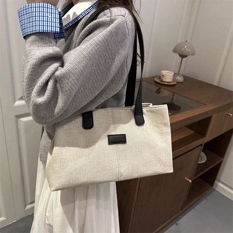 Canvas Tote Bag With PU Leather Straps Large Capacity Minimalist Commuter Shoulder Bag For Women Vintage Contrast Color
