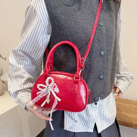 Borsa A Spalla Da Donna In Pelle PU Ciondolo Fiocco Di Künstliche Perle Pizzo Borsa A Mano Tracolla Forma Cuscino Boston Versatile