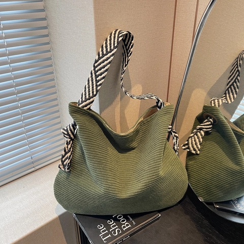 Borsa Tote In Velluto A Coste Grande Capacità Borsa A Spalla Casual Donna Con Tracolla A Righe Minimalista Hobo