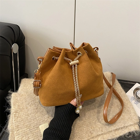 Vintage Suede Bucket Bag For Women With Artificial Pearl Chain Drawstring Crossbody Shoulder Handbag Retro Matte Finish