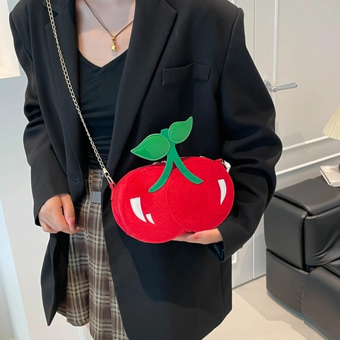 Borsa Tracolla Forma Ciliegia Rossa Camoscio Pelle PU Design Frutta Dolce Catena Dorata Borsa Spalla Per Donne Ragazze