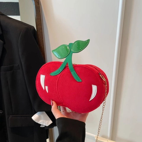 Borsa Tracolla Forma Ciliegia Rossa Camoscio Pelle PU Design Frutta Dolce Catena Dorata Borsa Spalla Per Donne Ragazze