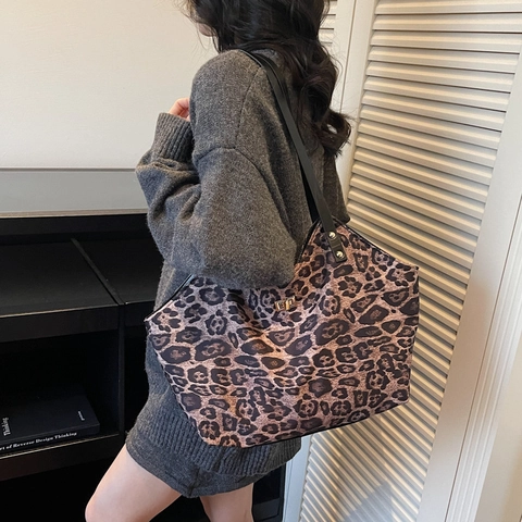 Damen Leopard Print Tote Bag PU Leder Große Kapazität Umhängetasche Mit Metall Drehverschluss Urban Einfach Pendeln