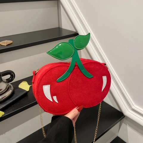 Einzigartige Kirschförmige Damen Umhängetasche Kreative Rote Frucht Design Wildlederoptik Schultertasche Mit Goldener Metallkette