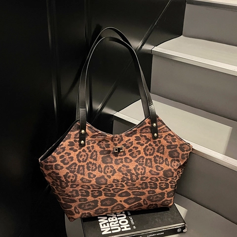 Damen Leopard Print Tote Bag PU Leder Große Kapazität Umhängetasche Mit Metall Drehverschluss Urban Einfach Pendeln