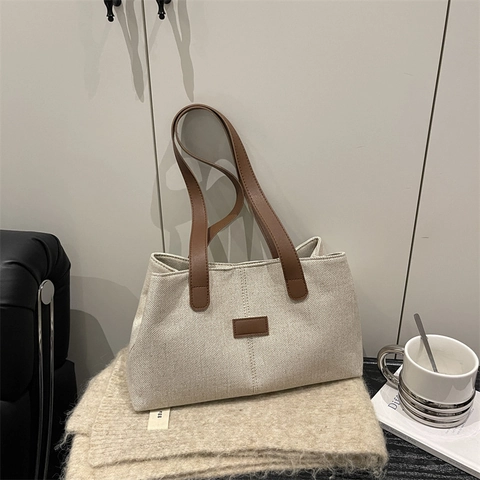 Canvas Tote Bag With PU Leather Straps Large Capacity Minimalist Commuter Shoulder Bag For Women Vintage Contrast Color