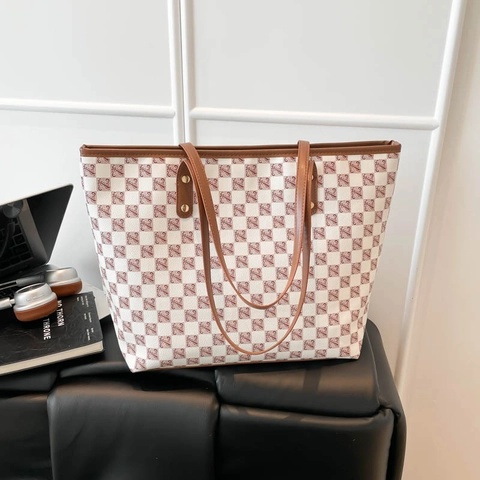 Sac Cabas En Cuir PU Motif Échiquier Imprimé Monogramme Spacieux Pour Le Travail Sac À Épaule Rétro Pour Femmes