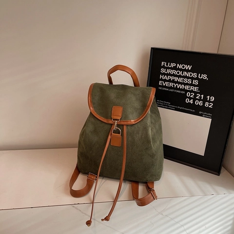 Zaino Retrò in Pelle PU con Trama Scamosciata da Donna Grande Capacità Coulisse Patta Borsa Scuola Moda Urbano Zainetto Quotidiano