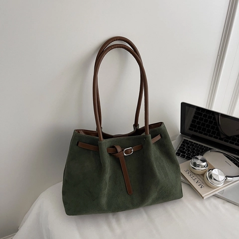 Borsa Tote Da Donna Grande Capacità Pelle PU Smerigliata Trama Scamosciata Borsa A Spalla Con Cintura Decorativa Fibbia Magnetica