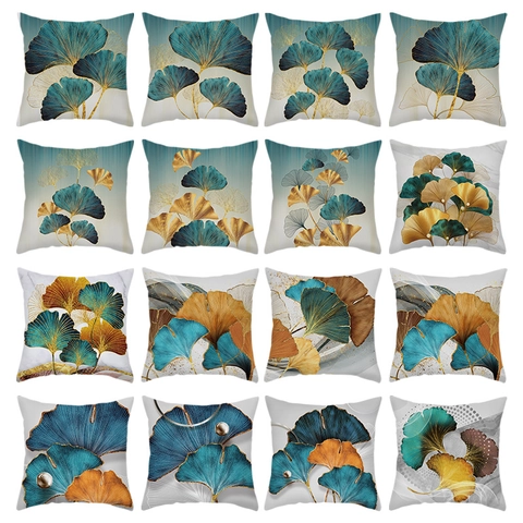 Fodera per Cuscino Decorativa con Foglie di Ginkgo Moderna Minimalista in Morbido Poliestere Foglie Oro Teal per Divano