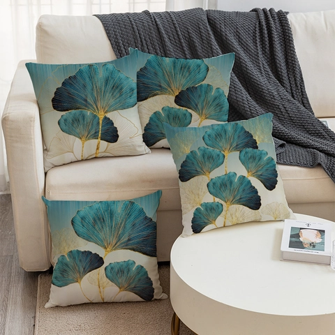 Fodera per Cuscino Decorativa con Foglie di Ginkgo Moderna Minimalista in Morbido Poliestere Foglie Oro Teal per Divano