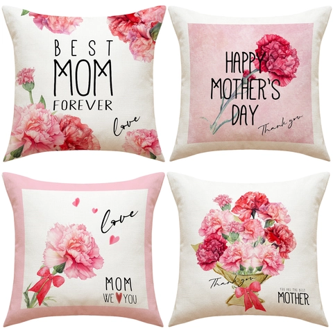 Funda De Cojín Día De La Madre Textura Lino Estampado Floral Clavel Rosa Funda De Almohada Decorativa Para Mamá Regalo