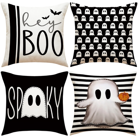 Fundas De Cojín De Halloween Textura De Lino Estampado De Fantasmas Calabaza Decoración De Hogar Para Sofá Salón