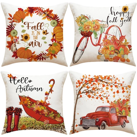 Autumn Thanksgiving Linen Pillowcase Fall Harvest Pumpkin Vintage Red Truck Sunflower Maple Leaf Decorative Cushion Cover For Sofa Home Decor