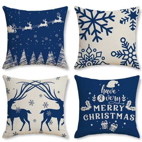 Christmas Linen Texture Polyester Pillowcase Santa Claus Reindeer Printed Decorative Cushion Cover For Sofa Home Decor