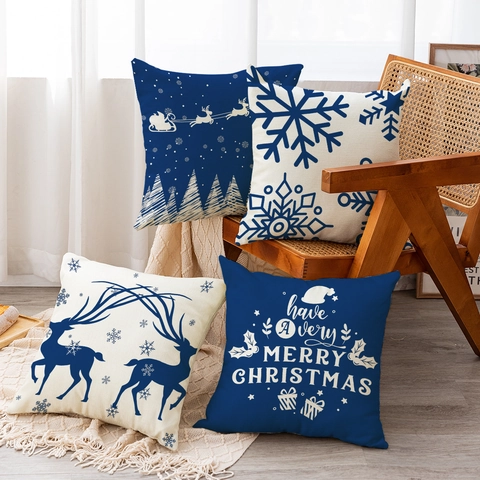 Christmas Linen Texture Polyester Pillowcase Santa Claus Reindeer Printed Decorative Cushion Cover For Sofa Home Decor