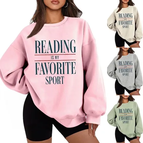 Γυναικείο Φούτερ Reading Is My Favorite Sport Με Γράμματα Στρογγυλή Λαιμόκοψη Χαλαρή Εφαρμογή Μείγμα Βαμβακιού Με Επένδυση