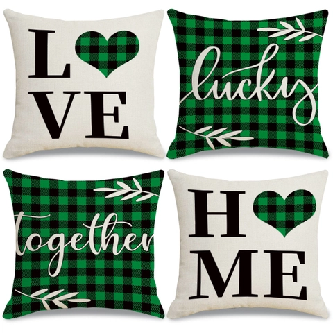 Fundas De Cojín De Lino Para El Día De San Patricio Verde Cuadros Búfalo Trébol Corazón Funda De Almohada Decorativa Sofá Hogar