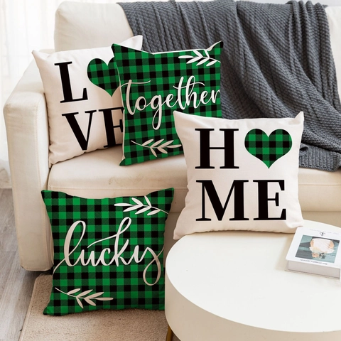 Fundas De Cojín De Lino Para El Día De San Patricio Verde Cuadros Búfalo Trébol Corazón Funda De Almohada Decorativa Sofá Hogar