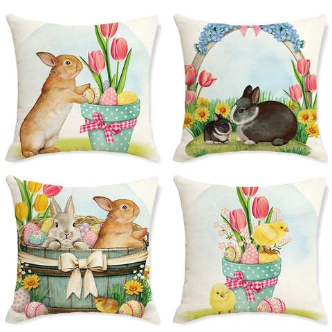 Pasen Kussenhoezen Linnen Katoenmix Paashaas Ei Tulp Print Vierkante Kussensloop Voor Huis Bank Woonkamer Decoratie