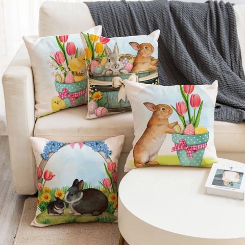 Pasen Kussenhoezen Linnen Katoenmix Paashaas Ei Tulp Print Vierkante Kussensloop Voor Huis Bank Woonkamer Decoratie