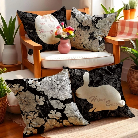 Ostern Kissenbezug Leinen Hase Floral Druck Dekorativ Quadratisch Kissenhülle Schwarz Weiß