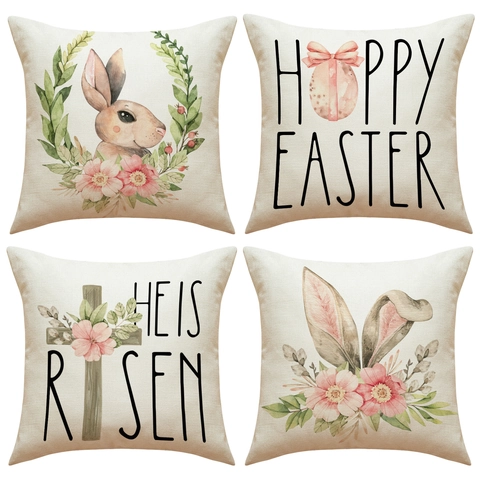 Pasen Linnen Kussenhoes Aquarel Konijn Bloemen Kruis Bedrukte Vierkante Kussensloop Voor Thuis Bank Woonkamer Slaapkamer Decor