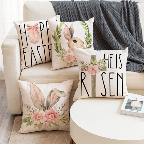Pasen Linnen Kussenhoes Aquarel Konijn Bloemen Kruis Bedrukte Vierkante Kussensloop Voor Thuis Bank Woonkamer Slaapkamer Decor