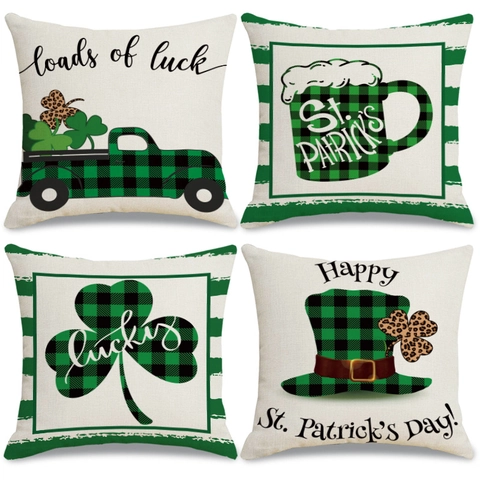 Fundas de Cojín San Patricio Lino Verde Cuadros Buffalo Trébol Suerte Camión Sombrero Fundas Decorativas para Sofá Hogar