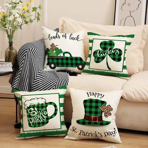 Fundas de Cojín San Patricio Lino Verde Cuadros Buffalo Trébol Suerte Camión Sombrero Fundas Decorativas para Sofá Hogar