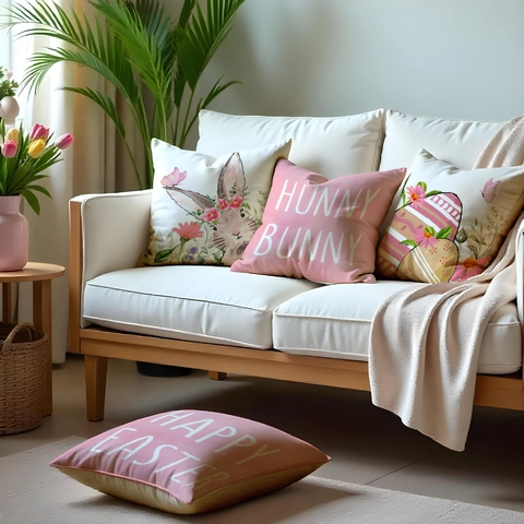 Paashaas Kussenhoes Polyester Linnenlook Konijn Paasei Bloemenpatroon Decoratieve Kussensloop Thuis Decoratie