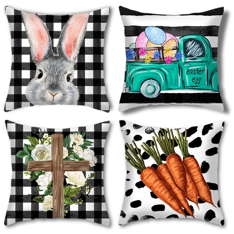 Ostern Dekoration Leinen Kissenbezug Buffalo Plaid Hase LKW Karotten Verdeckter Reißverschluss Deko Kissenhülle Für Sofa Haus