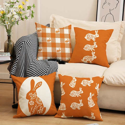 Linen Easter Cushion Cover Rabbit Floral Plaid Decorative Pillowcase For Sofa Living Room Holiday Home Decor Accessories