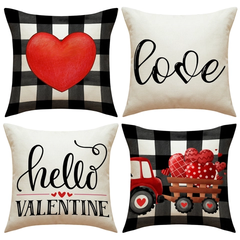 Valentine's Day Linen Pillow Cover Nordic Buffalo Check Heart Red Truck Love Letter Square Decorative Cushion Case For Sofa Home Decor