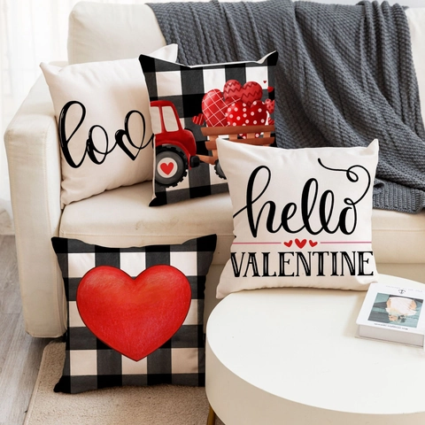 Valentine's Day Linen Pillow Cover Nordic Buffalo Check Heart Red Truck Love Letter Square Decorative Cushion Case For Sofa Home Decor