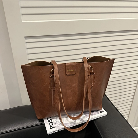 Bolso Tote De Gran Capacidad Vintage Cuero PU Bolso De Hombro Para Mujer Oficina Simple Elegante
