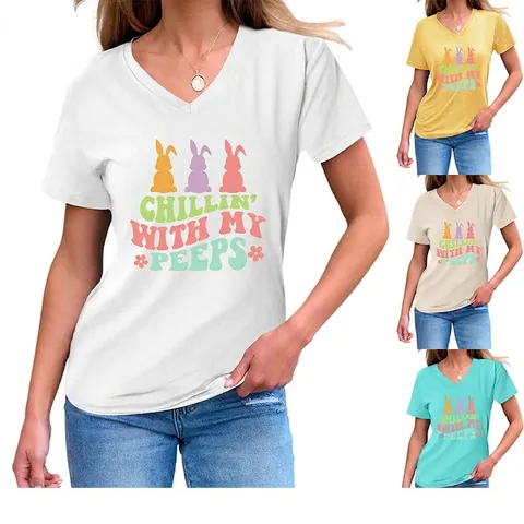 T-shirt da Donna Pasqua Scollo a V Manica Corta Stampa Grafica Coniglietto Casual Larga in Misto Cotone Top Estivo