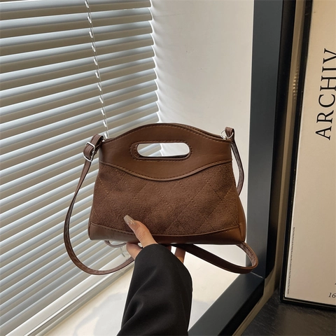 Vintage Quilted PU Leather And Suede Patchwork Shoulder Bag For Women Small Square Crossbody Bag With Adjustable Strap Handbag