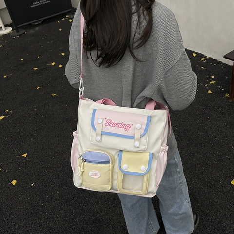 Borsa Tote A Tracolla In Nylon Color Block Multitasche Grande Capacità Stile Accademia Per Donne Studentesse