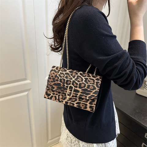 Trendy Women Small Square Bag PU Leather Metal Chain Strap Leopard Print Solid Color Simple Fashion Crossbody Bag Gift