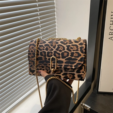 Leopard Print PU Leather Chain Shoulder Bag For Women Vintage Square Crossbody Bag Minimalist Fashion Commuting Handbag