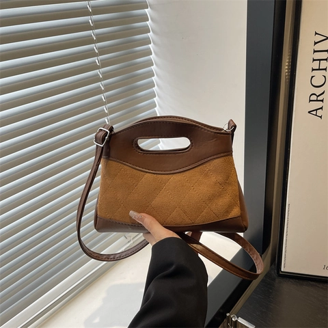Vintage Quilted PU Leather And Suede Patchwork Shoulder Bag For Women Small Square Crossbody Bag With Adjustable Strap Handbag