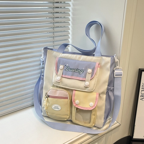 Borsa Tote A Tracolla In Nylon Color Block Multitasche Grande Capacità Stile Accademia Per Donne Studentesse