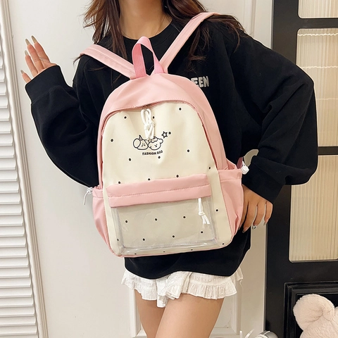 Mochila de Nailon con Lunares Dulces y Bloques de Color Para Mujer Mochila Escolar Kawaii de Dibujos Animados con Bolsillo Transparente