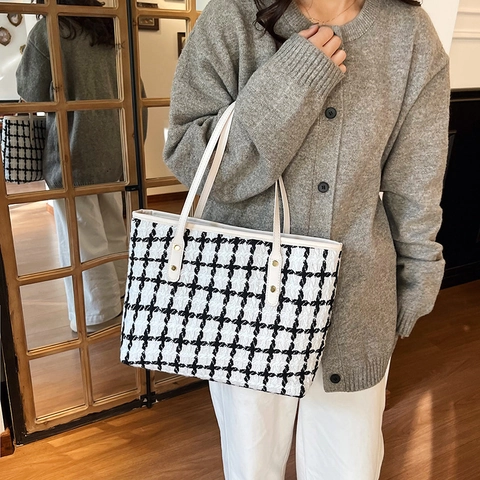 Große Tweed Karierte Tote Bag Damen Retro Schulterhandtasche Mit Goldnieten Und Lederriemen Pendlerstil