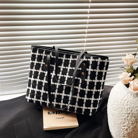 Bolso Tote de Tweed de Lana de Gran Capacidad para Mujer Bolso de Hombro a Cuadros de Moda Bolso de Mano Vintage con Remaches