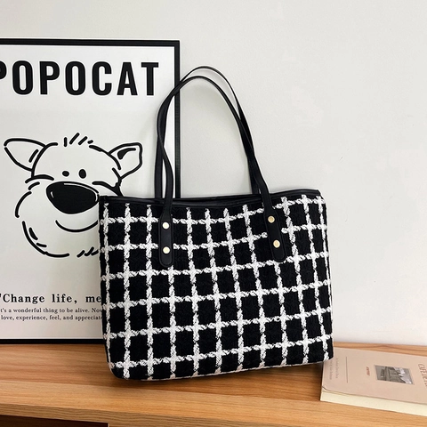 Große Tweed Karierte Tote Bag Damen Retro Schulterhandtasche Mit Goldnieten Und Lederriemen Pendlerstil
