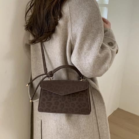 Damen Schultertasche Mit Leopardenmuster PU Leder Knotengriff Umhängetasche Umschlagklappe Retro Stil